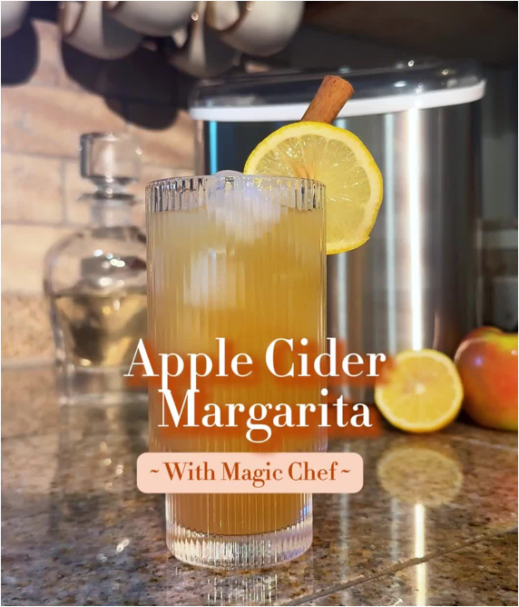 Apple Cider Margarita served over Magic Chef ice with lemon wheel and cinnamon stick garnish.