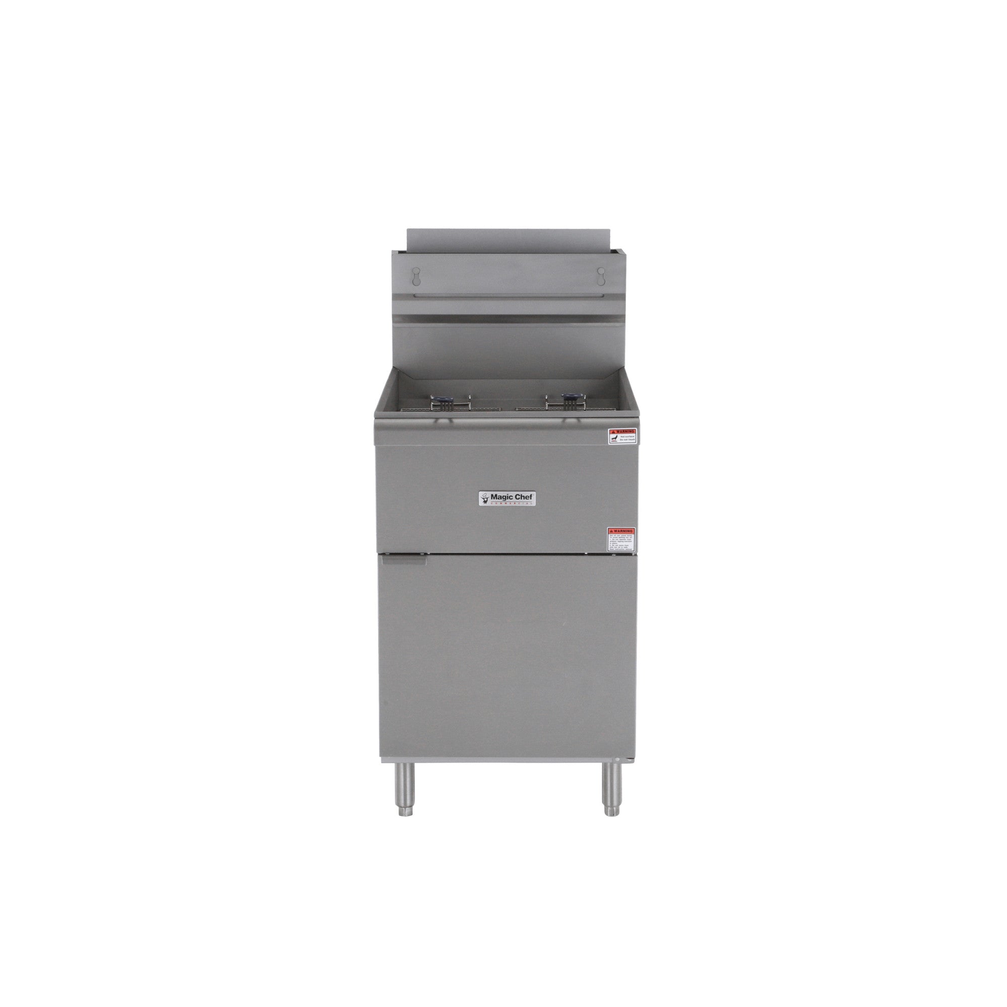 Stainless steel commercial deep fryer with dual baskets on a white background