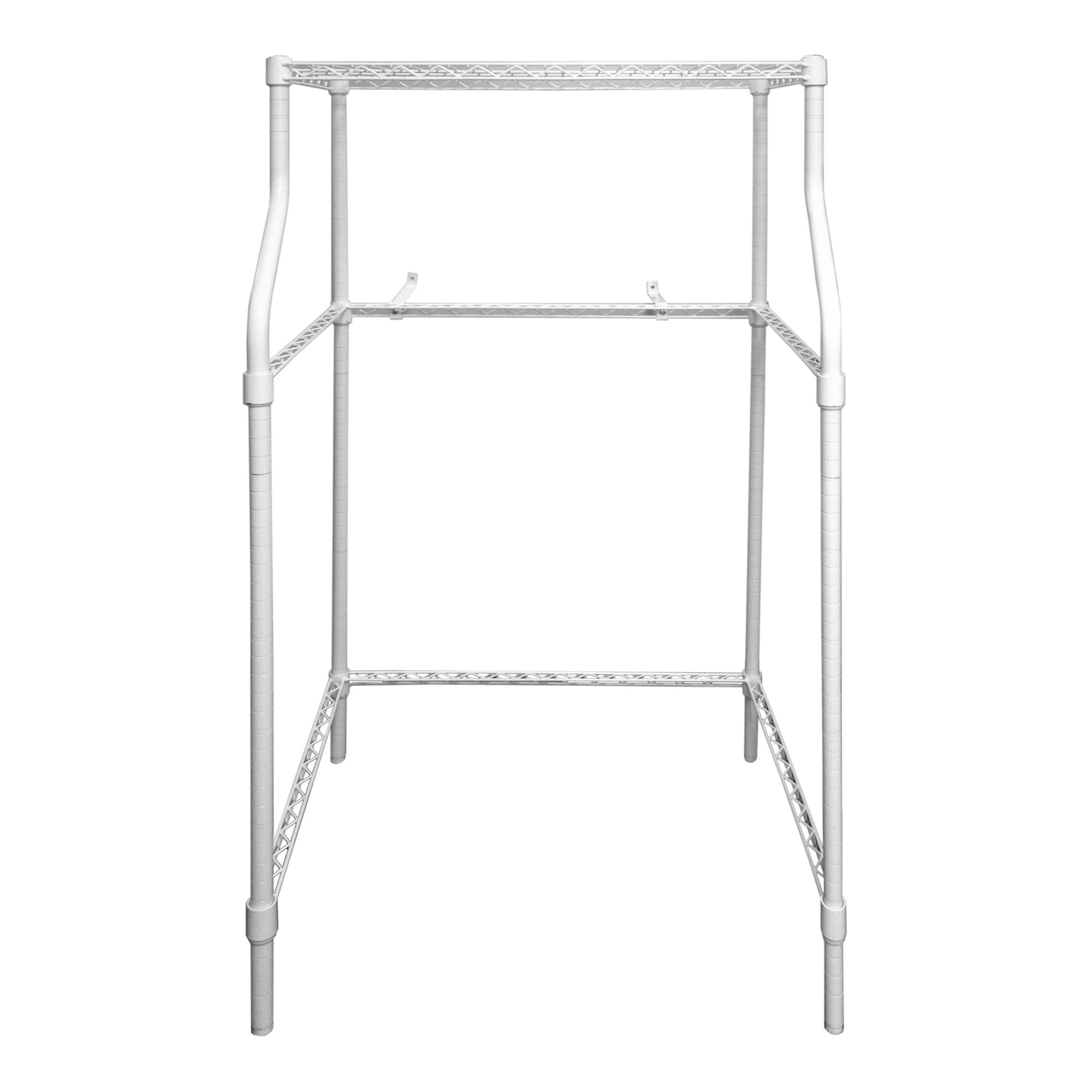 White metal laundry appliance stacking rack with wire shelves, isolated on white background
