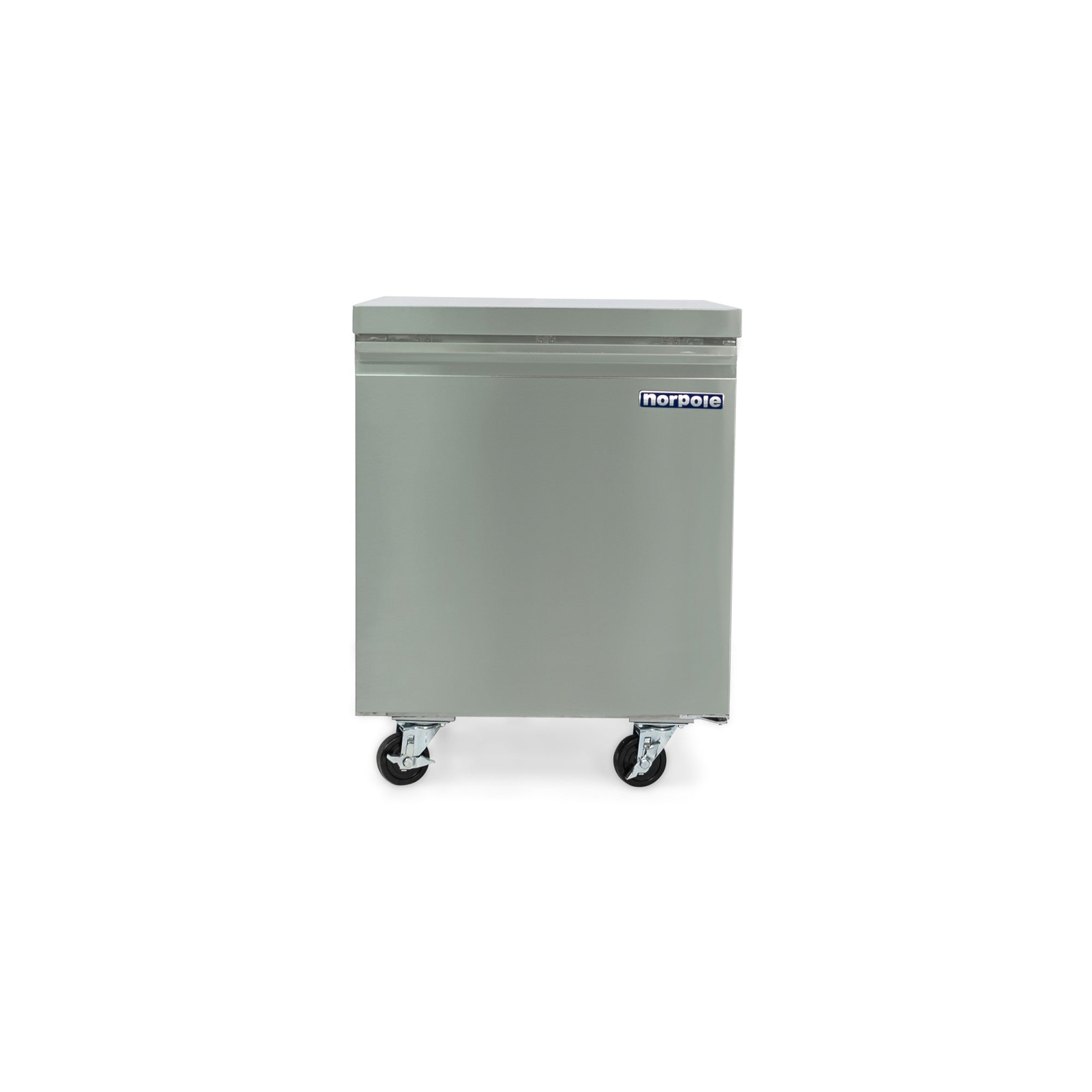 Stainless steel commercial freezer on wheels, Norpole logo, isolated on white background