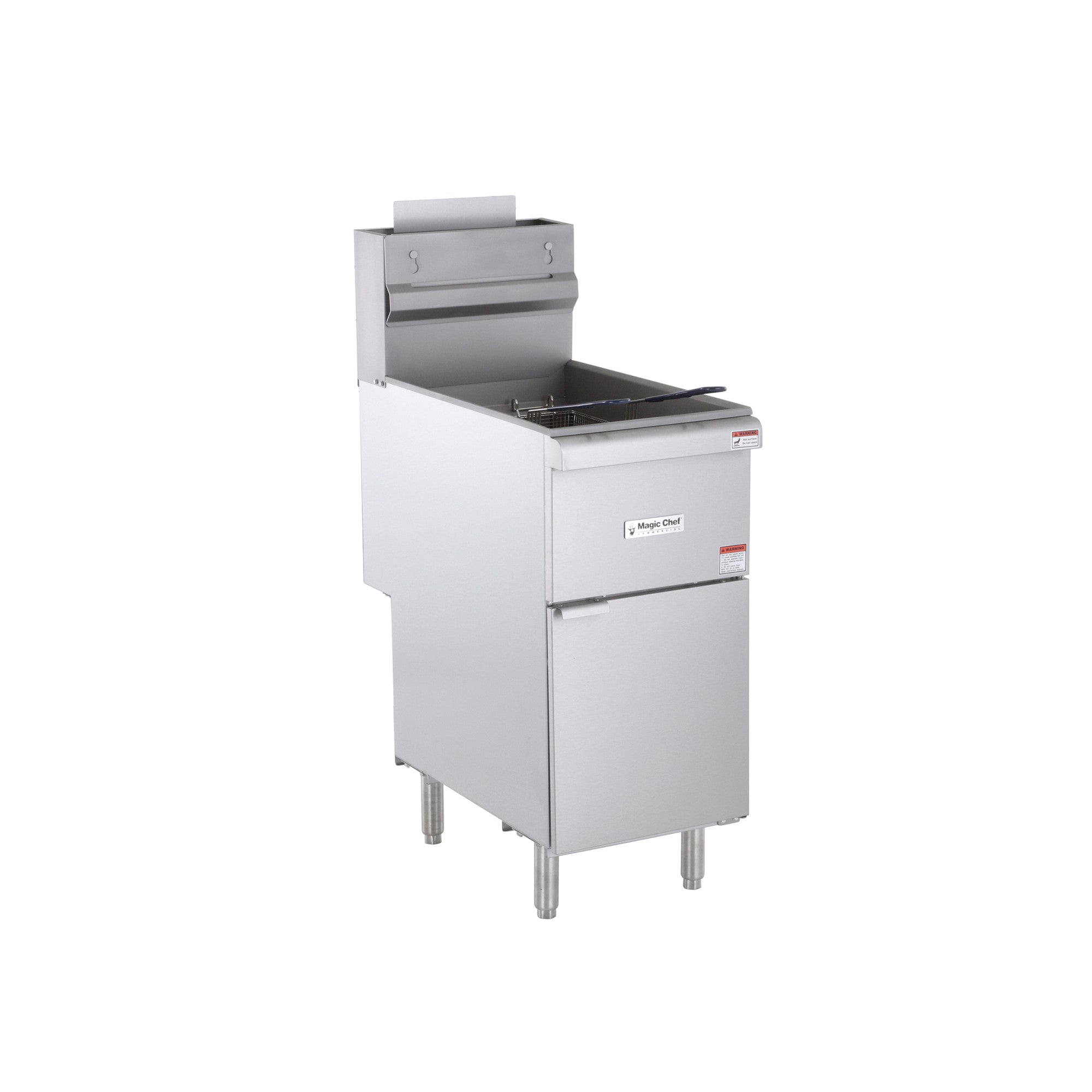 Stainless steel commercial deep fryer with basket on white background