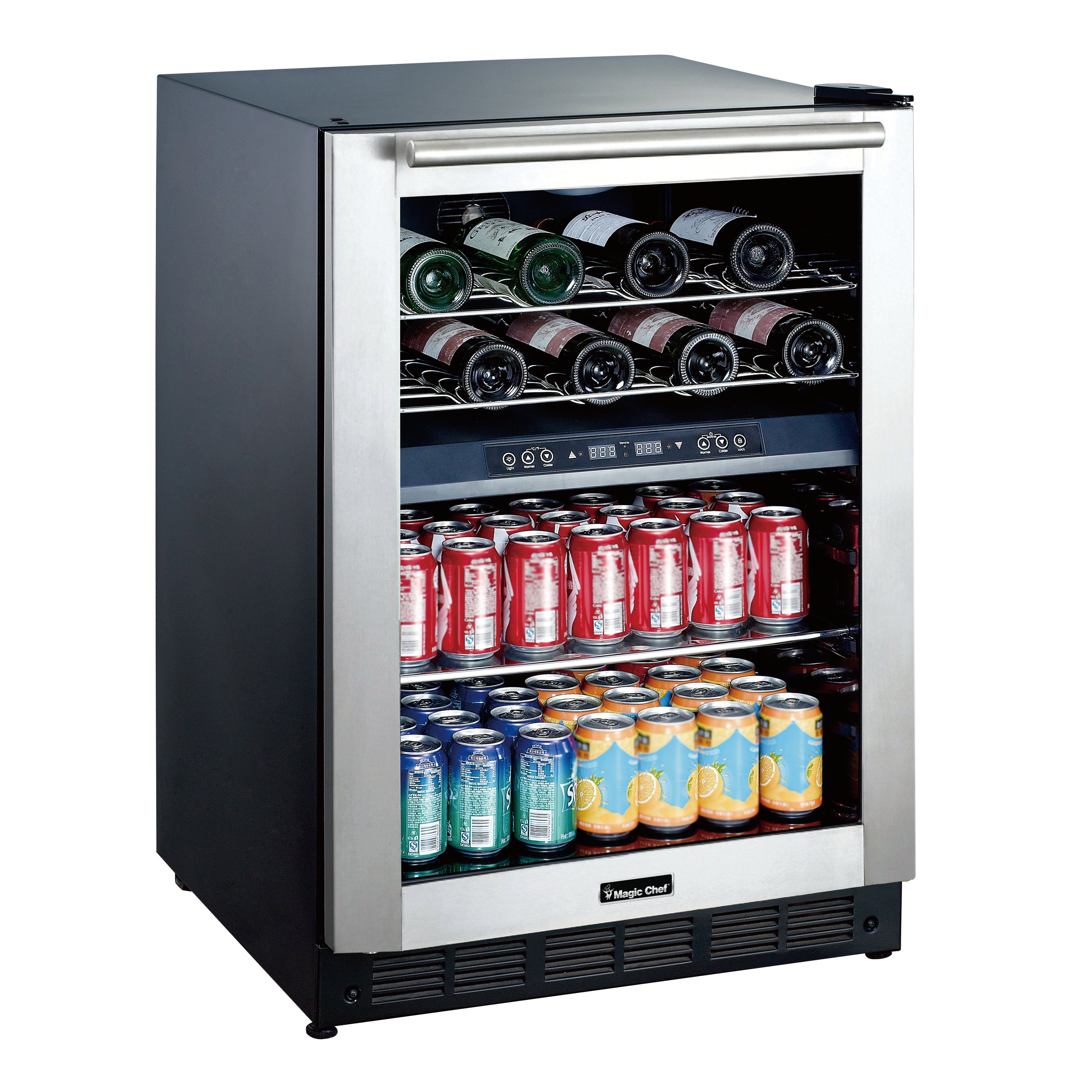 Beverage cooler with drinks including bottles, cans, and jars on a white background