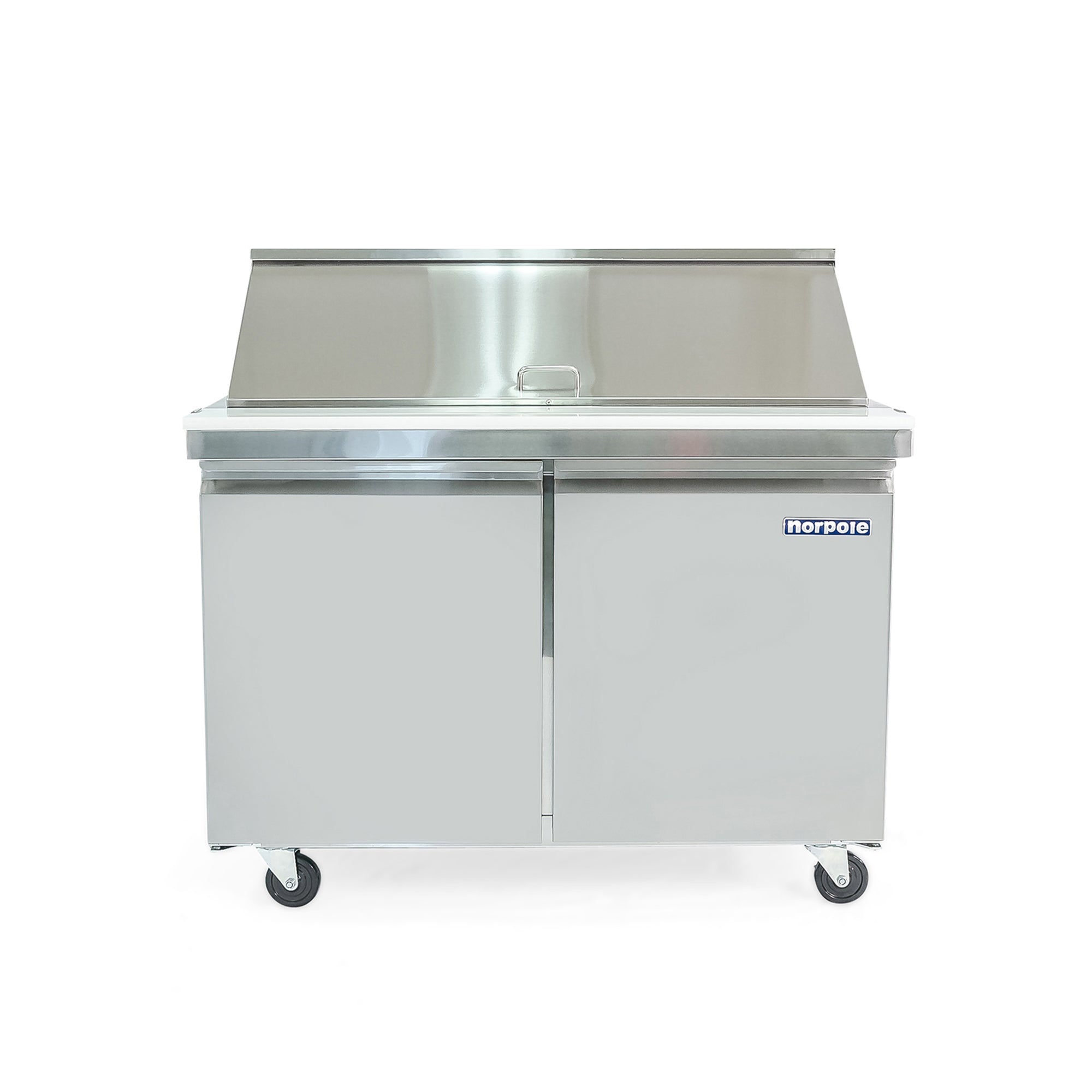 Stainless steel commercial refrigerator prep table with wheels and dual doors