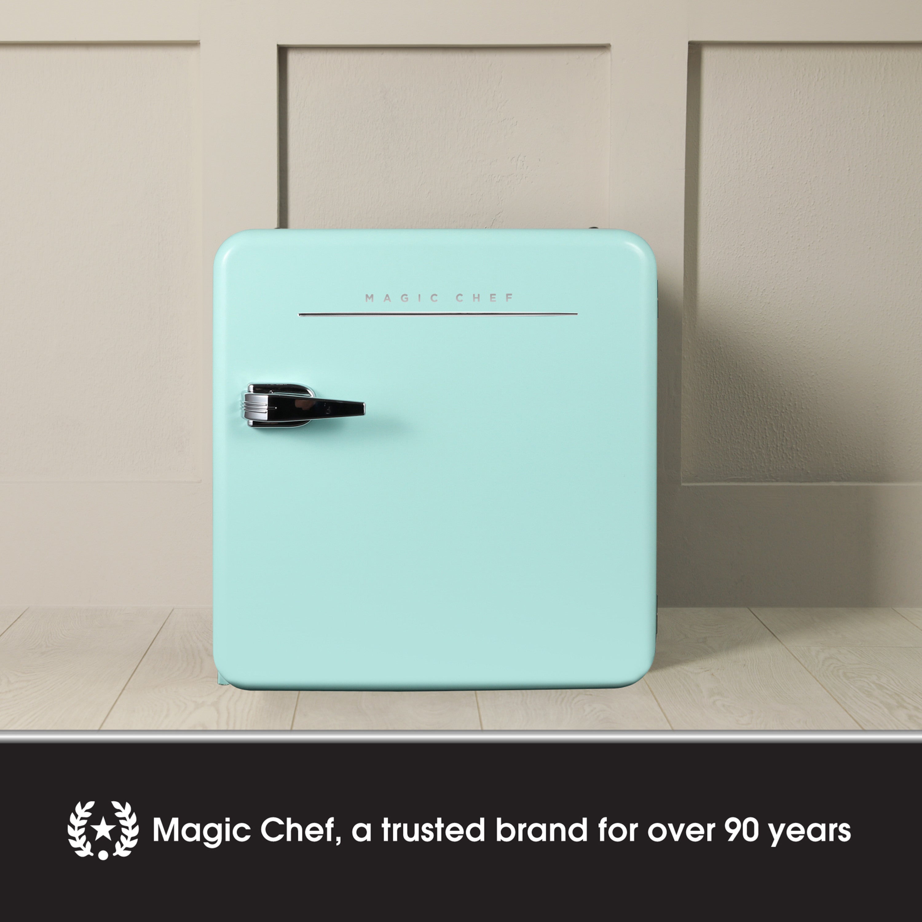 The Magic Chef 1.6 cu. ft. Retro Mini Fridge in mint green is a